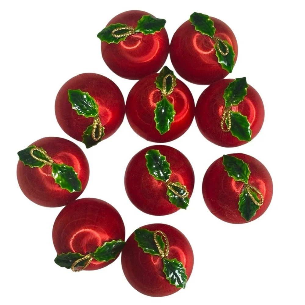 10 Vintage Satin Apple Christmas Ornaments Red Fruit Balls‎ MCM Retro 3 Inch